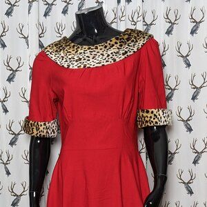 Stop Staring Red Swing Dress with Faux Leopard Trim